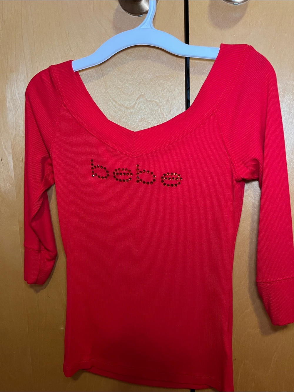 Y2K bebe Red V neck top with Rhinestone Logo